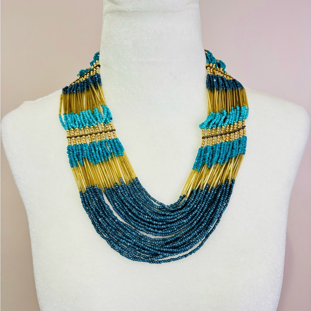Elegant Multicolor Beaded Necklace Teal Blue Gold